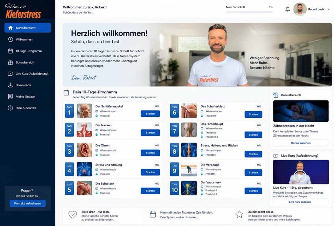 Blick in den Mitgliederbereich: Kursübersicht mit allen zehn Tagen, Bonusbereich und Live-Kurs